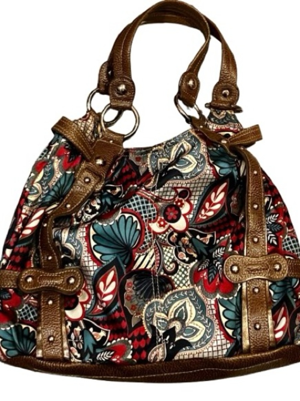 Floral Pattern Shoulder Bag with Brown Trim